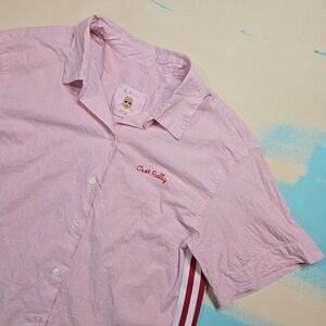 C'est Rally Club S Pink Striped Camp Shirt Red USA Cotton Short Sleeve Boxy Fit